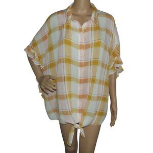 ana XLT Blouse Yellow Gold Pink White Plaid (XL tall) top shirt Tie Front Ruffle